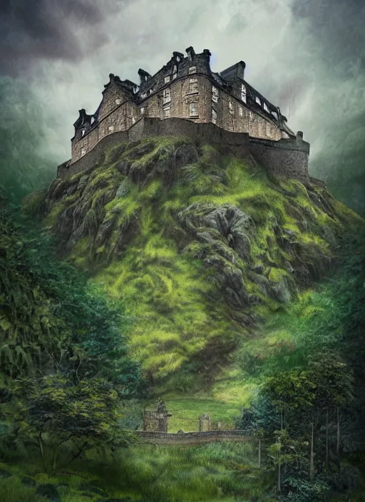 Image similar to a beautiful digital graphics design portrait of Edinburgh castle overgrown with plants, caledonian forest, matte painting, fantasy art, highly detailed