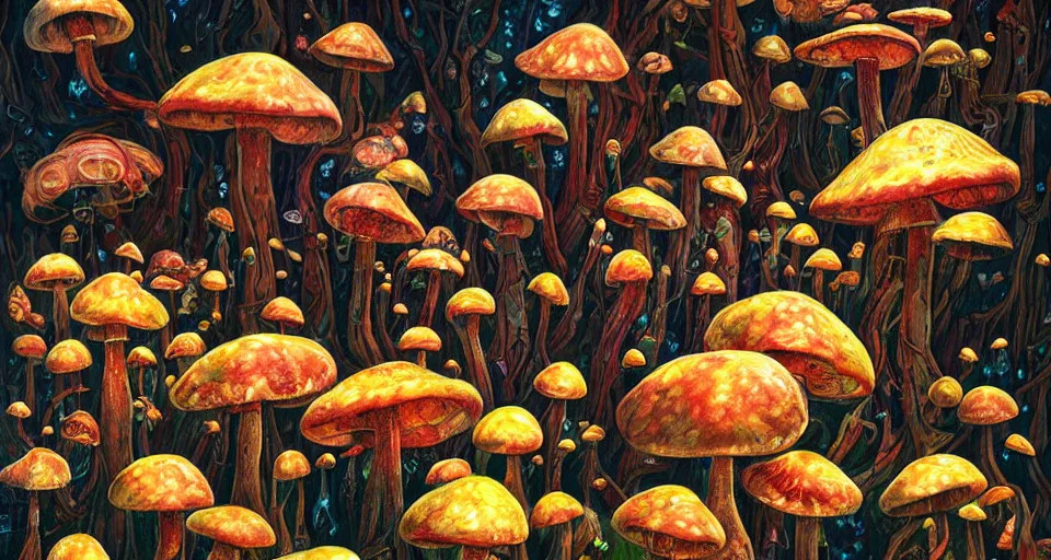 Image similar to a beautiful painting of trippy mushrooms by Tokio Aoyama, Mario Martinez, David Normal. photorealistic, trending on artstation, dramatic lighting, 8K, fantasy beautiful, surreal, cinematic.