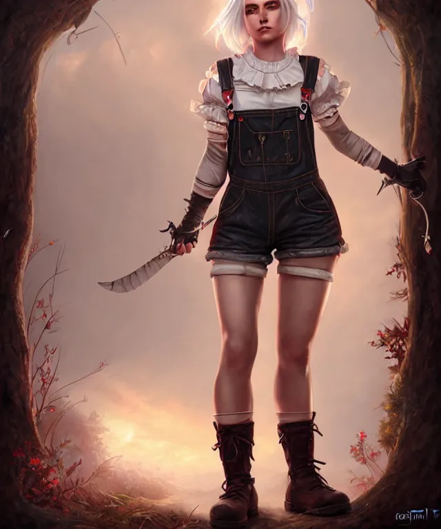 Image similar to full body pose, ciri, torn overalls, short shorts, combat boots, beautiful, highly detailed face, true anatomy!, extremely detailed!, digital painting, unreal engine 5, art by tom bagshaw