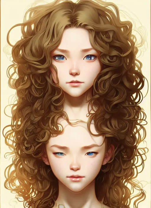 Image similar to young woman with medium - length, curly, golden hair, aquamarine eyes, natural lighting, path traced, highly detailed, high quality, cartoon, digital painting, by new haicheng and ross tran and studio ghibli and alphonse mucha