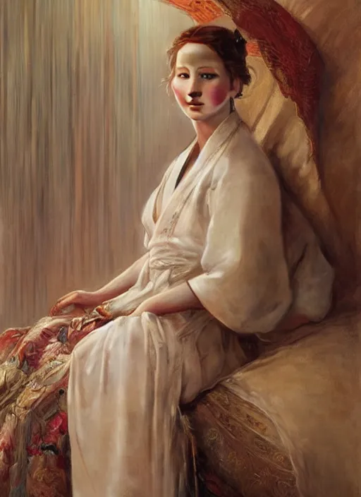 Prompt: detailed portrait of jennifer lawrence wearing hanfu, natural light, painting by gaston bussiere, craig mullins, j. c. leyendecker