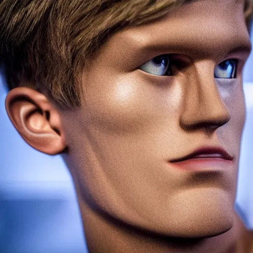 Image similar to a realistic detailed photo of a guy who is an attractive humanoid who is half robot and half humanoid, who is a male android, soccer player martin ødegaard, shiny skin, posing like a statue, blank stare, at the museum, on display