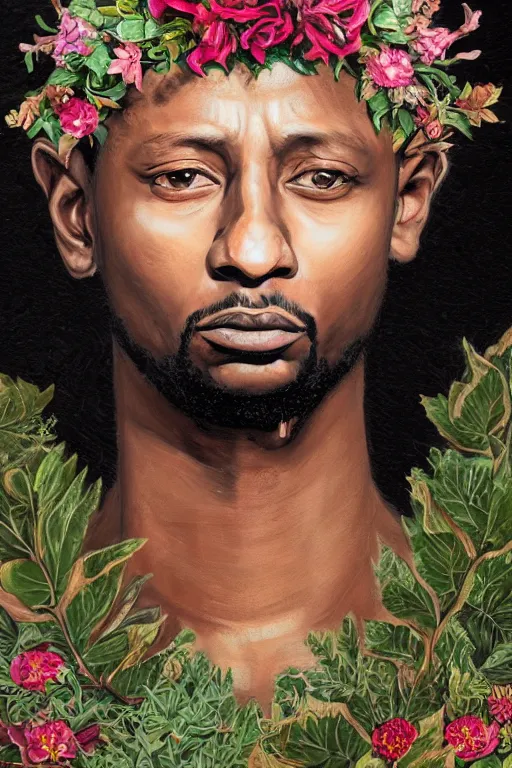 Image similar to breathtaking detailed concept art painting of 2 1 savage, orthodox saint, with anxious, piercing eyes, ornate background, amalgamation of leaves and flowers, by hsiao - ron cheng, extremely moody lighting, 8 k