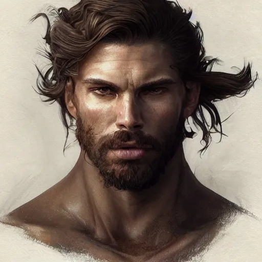 Image similar to portrait of a rugged ranger, 2 5 years old, muscular, upper body, face, hairy torso, d & d, fantasy, intricate, elegant, highly detailed, digital painting, artstation, concept art, smooth, sharp focus, illustration, art by artgerm and greg rutkowski and alphonse mucha