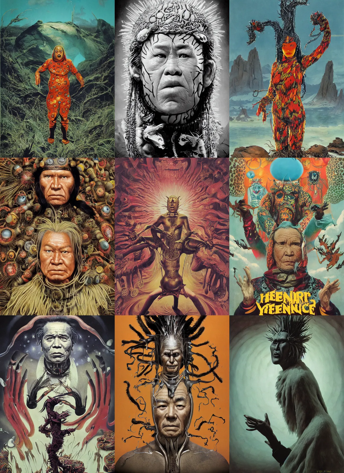 Prompt: a poster artwork by Peter Andrew Jones and Mark Ryden and Al Feldstein, Yayoi Kusama, Henry Justice Ford, of a Selk'nam longing to regain the land that was stolen from him, claiming vengance , a frame from Revenant movie, clean, iridiscense, Houdini algorithmic generative render, sharp focus, octane render 8k