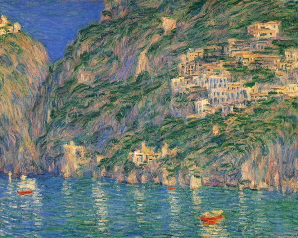 Prompt: enchanting cliff side Italian village on the amalfi coast by Monet and Hopper.