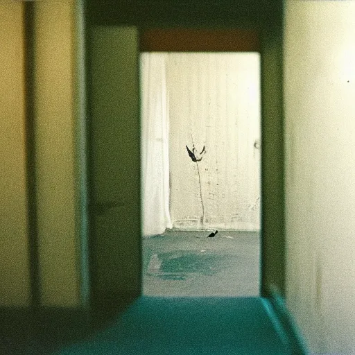 Prompt: backrooms, liminal space, focusing on a weird creature on middle, Cinestill 800t.