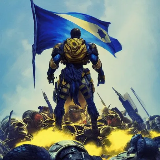 Image similar to a full body shot from distance from behind of a super soldier with a yellow and blue flag standing on a huge pile of skulls in triumph after battle, western, D&D, fantasy, intricate, elegant, highly detailed, digital painting, artstation, concept art, matte, sharp focus, symmetrical, illustration, art by Artgerm and Greg Rutkowski and Alphonse Mucha