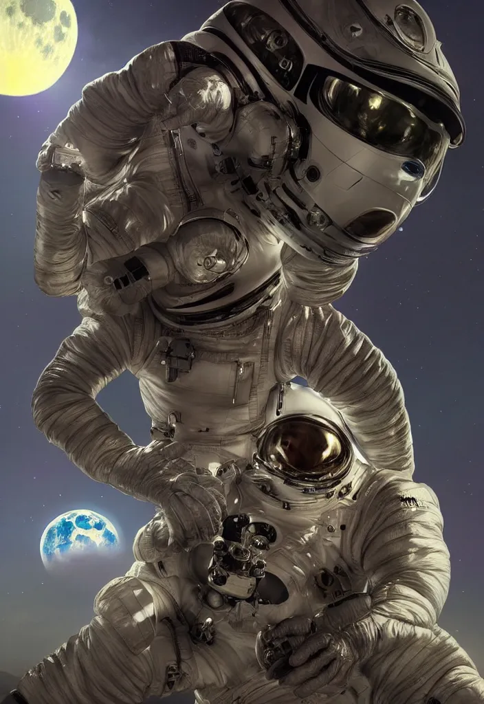 Prompt: hdr wide angle photography an ape wearing a full spacesuit!, in front of spacex rocket, full moon in the sky. cinematic, coherent portrait, intricate, elegant, highly detailed, digital photo, trending on artstation, hdr photo, smooth, sharp focus, illustration, art by artgerm and greg rutkowski and alphonse mucha