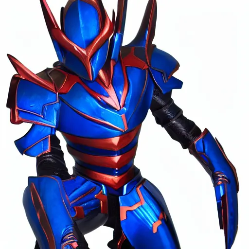 Image similar to High Fantasy Kamen Rider, blue armor with red secondary color, 4k, glowing eyes, daytime, rubber suit, dragon inspired armor, Guyver Unit 1 Armor