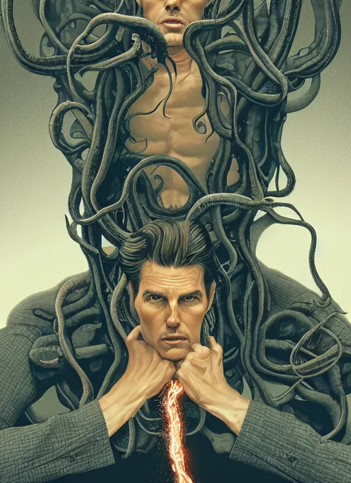 Image similar to poster artwork by Michael Whelan and Tomer Hanuka, Karol Bak of Tom Cruise black tentacles emerge from his back, from scene from Twin Peaks, clean, simple illustration, nostalgic, domestic, full of details