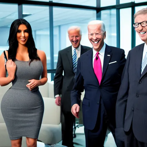 Image similar to stock photo of kim kardashian, joe biden, and bill gates wearing suits and ties laughing in an office building, 8k resolution, full HD, cinematic lighting, award winning, anatomically correct