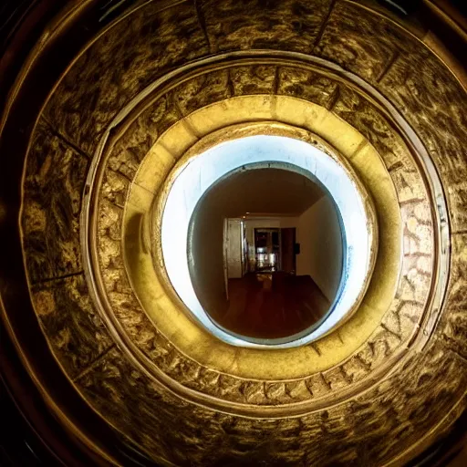 Image similar to fish eye lens, secret room upstairs, located above the family room behind the wall, clean, carpeted. accessible by secret entrance, comforting and familiar, organic, golden ratio, alive, only visited during dreams, where memories are stored but also forgotten only to be remembered again,