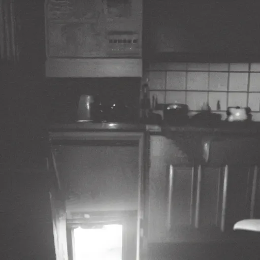 Prompt: grainy color photograph of a haunted being in a kitchen