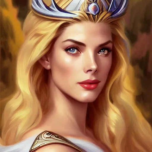 Image similar to A combination of Grace Kelly's and Katheryn Winnick's and Ashley Greene's faces as She-Ra, western, D&D, fantasy, intricate, elegant, highly detailed, digital painting, artstation, concept art, matte, sharp focus, illustration, art by Artgerm and Greg Rutkowski and Alphonse Mucha