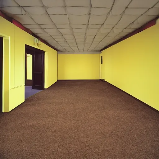 Image similar to a wide - shot photo of dry walls positioned randomly in between cross - sections of rooms. the walls are plastered in only mono - yellow, rectangular florescent lights randomly arranged on a drop - down ceiling, and a old, tan - brown carpet across the floor snaking in between the cross - section walls. taken on a 1 9 9 1 polaroid camera