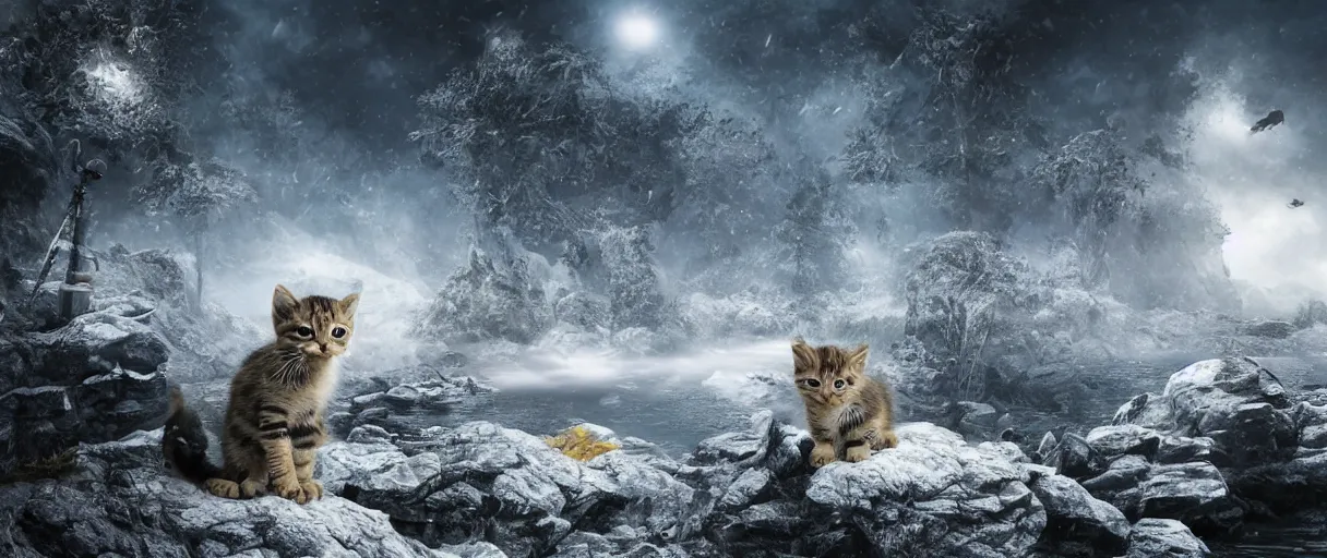 Image similar to Kitten army realistic 4k fantasy world water trees mountains ice snow fog