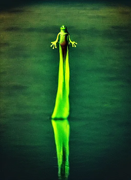 Image similar to “translucent frog amphibian vertically hovering above calm lake waters in jesus christ pose, distant meadow and misty forest horizon, low angle, long cinematic shot by Andrei Tarkovsky, paranormal, eerie, mystical”