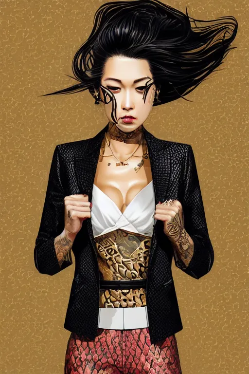 Image similar to yakuza slim girl, gold suit jacket in snake print, jacket over bare torso, yakuza tattoo on body, black short curtain haircut, black leather pants with black belt, portrait, elegant, 2d, ultra highly detailed, digital painting, smooth, sharp focus, artstation, art by Ilya Kuvshinov, rossdraws