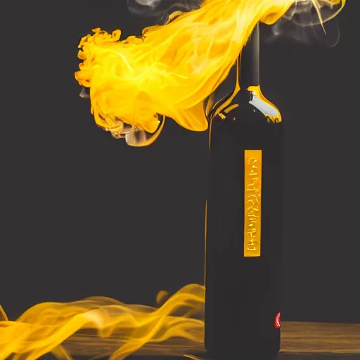 Image similar to wine bottle covered in artistic yellow smoke with a black background