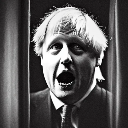 Image similar to photo of the inside of a dark old rainy bedroom window at night with the curtains pulled back, dimly lit creepy | screaming face of boris johnson staring in and pressing his bloody face and hands against the window, horror, scary face, demonic face,