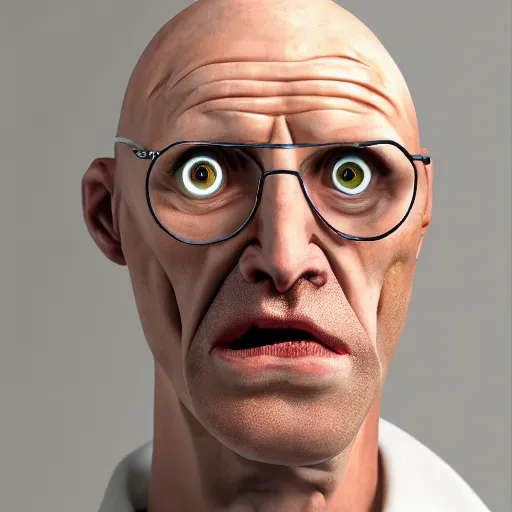 Image similar to A middle-aged Dr. Venture in real life with a hooked nose, a long gaunt face and skinny body and neck, very thin and bald, realistic, very realistic, hyperrealistic, highly detailed, very detailed, extremely detailed, detailed, digital art, oil painting, trending on artstation, headshot and bodyshot, detailed face, very detailed face, extremely detailed face, HD Quality, 8k resolution, very very detailed face, real life