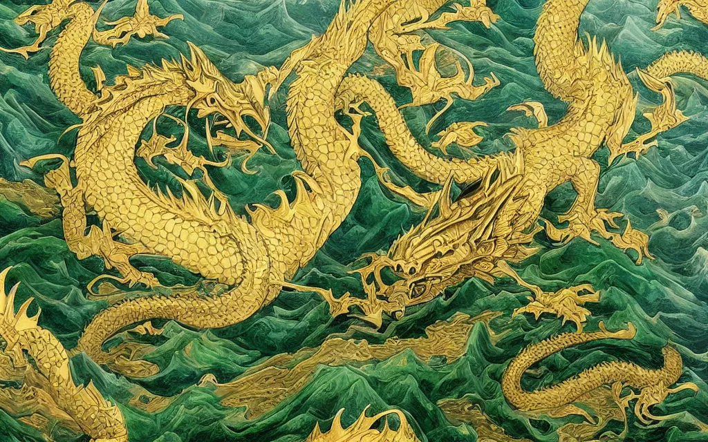 Prompt: green dragon overseeing a large gold mountain, view from above, detailed art
