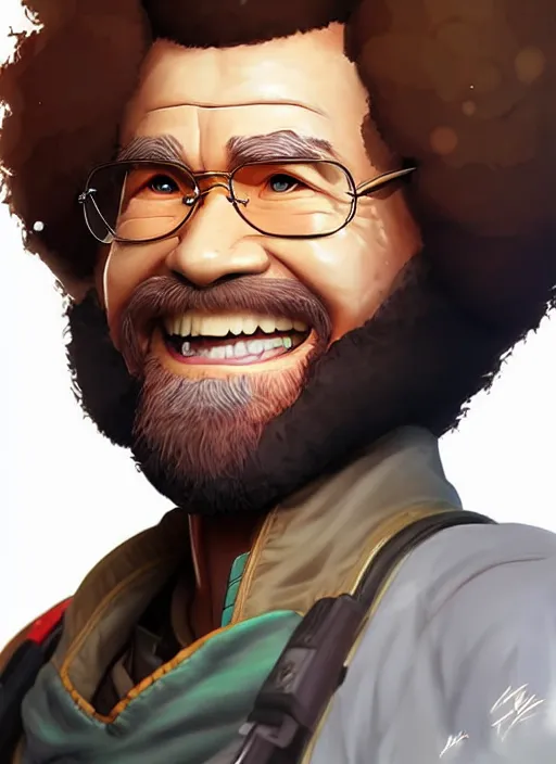 Image similar to Bob Ross in apex legends as an anime character digital illustration portrait design by Ross Tran, artgerm detailed, soft lighting