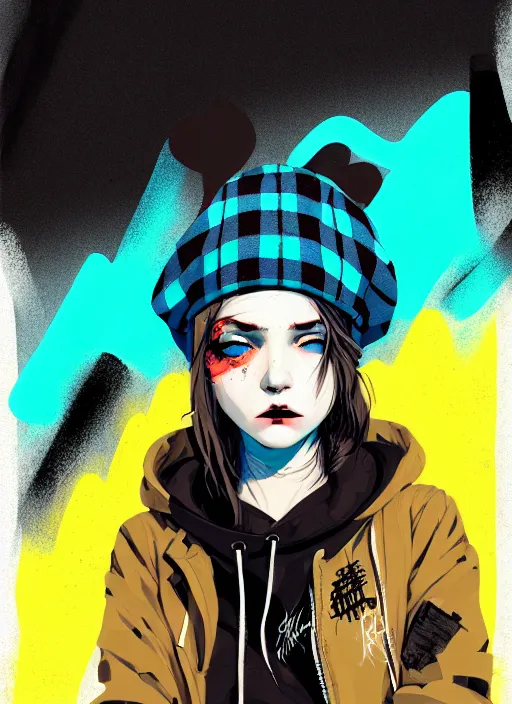 Image similar to highly detailed portrait of a sewer punk lady student, blue eyes, tartan hoody, hat, white hair by atey ghailan, by greg tocchini, by kaethe butcher, gradient yellow, black, brown and cyan color scheme, grunge aesthetic!!! ( ( graffiti tag wall flat colour background ) )