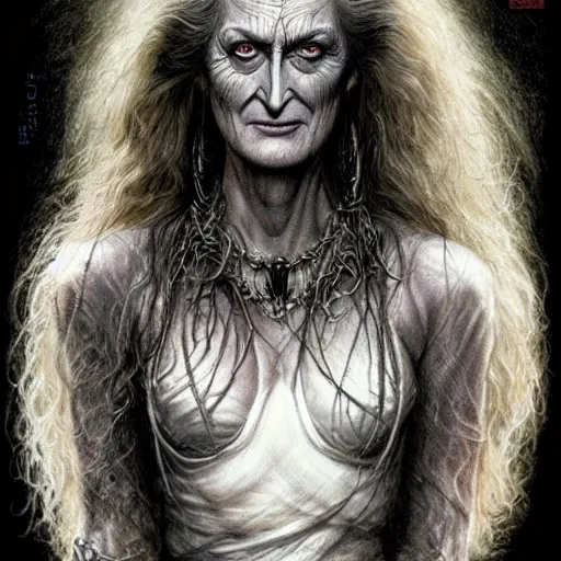 Prompt: head and shoulders portrait of an evil, black - skinned night hag portrayed by meryl streep, d & d, fantasy, luis royo, magali villeneuve, donato giancola, wlop, krenz cushart