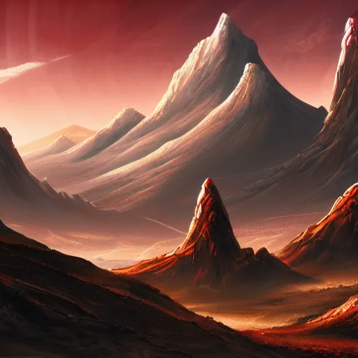 Image similar to The blood landscape with mountains in the background, Sci-Fi fantasy wallpaper, painted, 4k, high detail, sharp focus