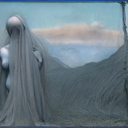 Image similar to woman, covered in transparent cloth, plastic, mountains, thunder clouds, Masterpiece, glowing, wires everywhere, by Edgar Maxence and Ross Tran, Zdzisław Beksiński, and Michael Whelan, distant, gustav dore, H.R. Giger, 8k, octane render