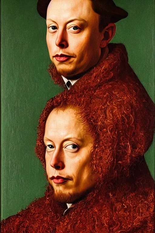 Image similar to renaissance 1 6 0 0 portrait of elon musk, oil painting by jan van eyck, northern renaissance art, oil on canvas, wet - on - wet technique, realistic, expressive emotions, intricate textures, illusionistic detail