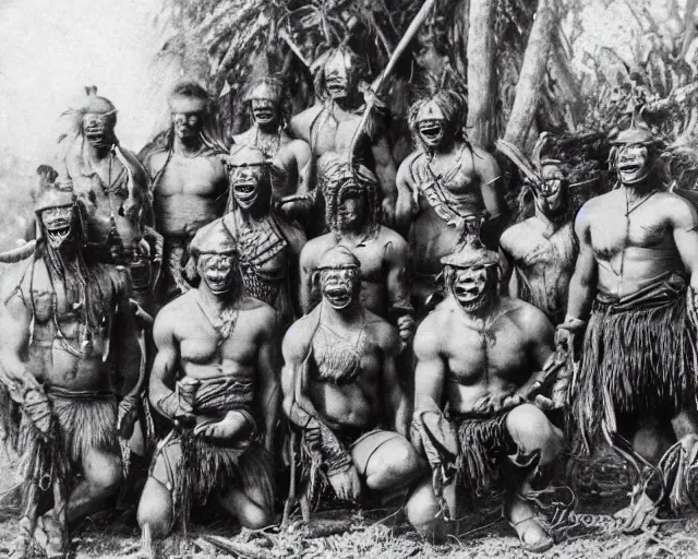 Image similar to group vintage photograph of a warrior orc tribe with a human explorer, highly detailed