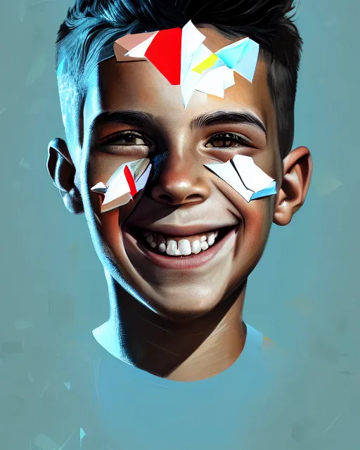 Image similar to digital painting, of smiling boy, shards of time, medium closd - up, illustration, highly detailed, simple, no jagged lines, smooth, artstation, artwork by obey, artwork by sandra chevrier