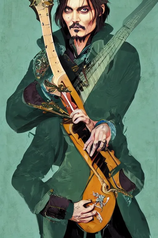 Image similar to Breathtaking comic book style of Johny Depp portrayed as a Dungeons and Dragons bard, playing the lute and wearing a pale green jacket in the style of ilya kuvshinov