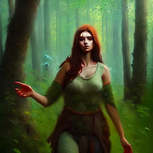 Prompt: a pretty female druid surrounded by forest animals, digital painting, photorealistic, in the style of greg rutkowski, highly detailed, realistic