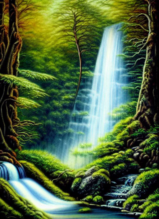 Image similar to a painting of a waterfall in a forest, an airbrush painting by terry redlin, deviantart, metaphysical painting, airbrush art, detailed painting, oil on canvas