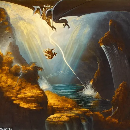 Prompt: oil painting of a dragon flying in the air near a cave with a waterfall in the center, light emanating from the waterfall leading to a big pool of water, dragon has black and white siberian tigerlike stripes, elegant, sharp focus, wide shot, clear, detailed, early renaissance