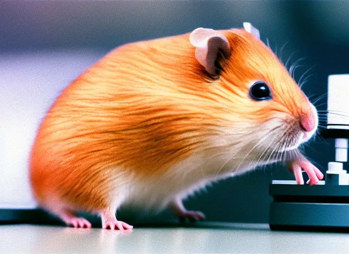 Image similar to film still of a hamster working in a research lab using a tiny microscope, 8 k