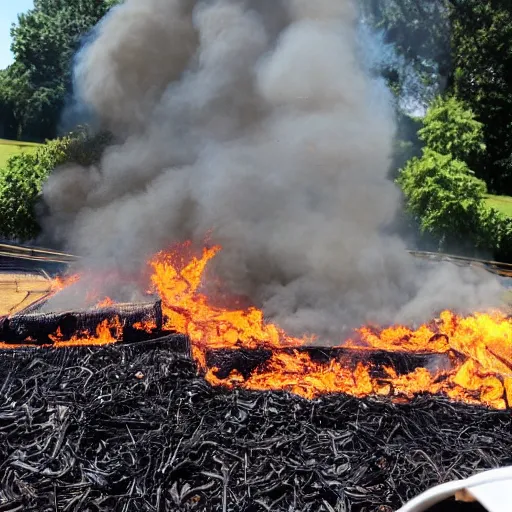 Prompt: Pallets stacked with bags of mulch at Lowe's, on fire