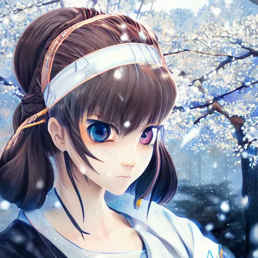 Image similar to a portrait of a techwear hakama princess, beautiful and detailed eyes, with snow forest and cherry blossoms in the background, by kyoto animation, dramatic lighting, manga cover, highly detailed, incredible quality, trending on artstation