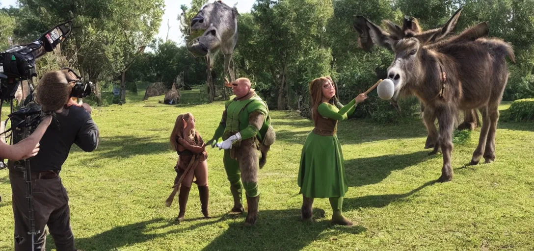 Image similar to behind the scenes photo of shrek, fiona and donkey taking a break in - between filming scenes. movie sound - set. green screen. director reviewing footage. donkey smoking a cigar.