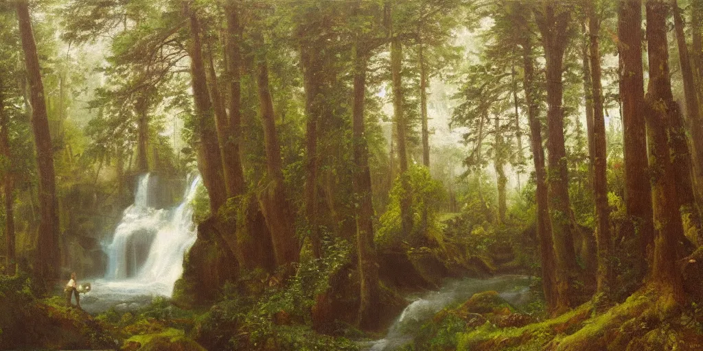 Image similar to A symmetrical oil painting of two waterfalls surrounded by a very dense forest