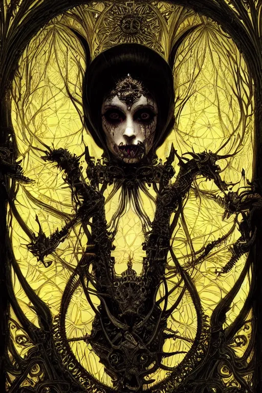 Image similar to queen of death, Necro style, Mandelbulber fractal, insanely detailed and intricate bright black line, golden ratio, elegant, gothic fog, ornate, horror, elite, bright and bright, painted by Caravaggio, Greg rutkowski, Sachin Teng, Thomas Kindkade