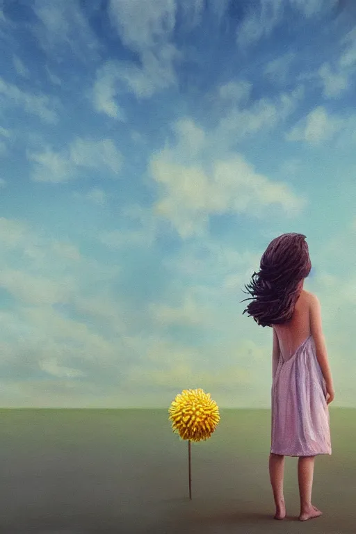 Image similar to closeup giant dahlia flower head, girl standing on beach, surreal photography, blue sky, sunrise, dramatic light, impressionist painting, digital painting, artstation, simon stalenhag