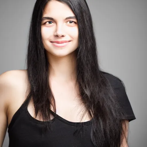 Image similar to young woman with shoulder - length messy black hair, slightly smiling, 1 3 5 mm nikon portrait