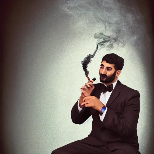 Prompt: a portrait painting of an arab man wearing a suit, smoking hookah, mid shot, medium photograph, photorealistic