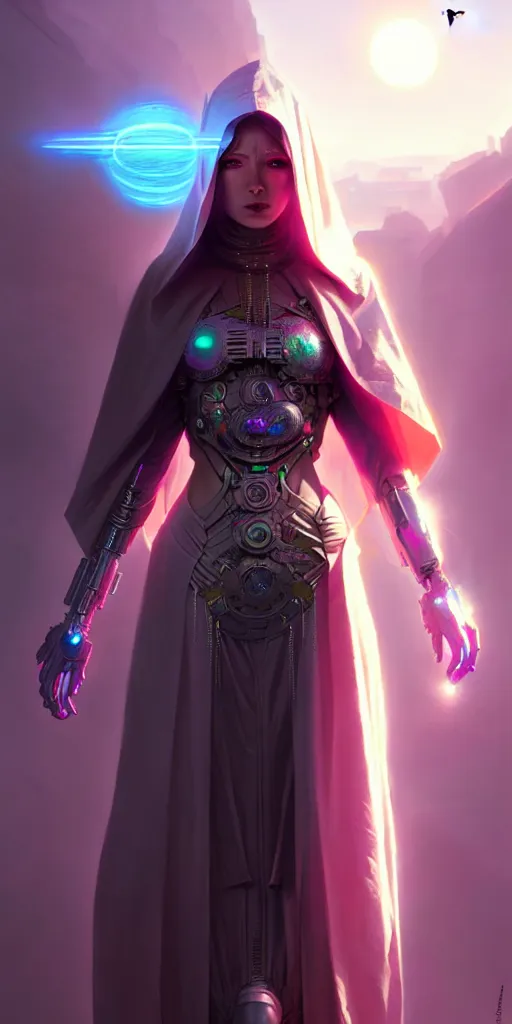 Prompt: ultra detailed female android deity, wearing a cloak, ethereal flowerpunk, scifi, fantasy, cyberpunk octane render, unreal engine, asymmetrical!!! intricate concept art, triadic color, art by artgerm and greg rutkowski and alphonse mucha, 8 k