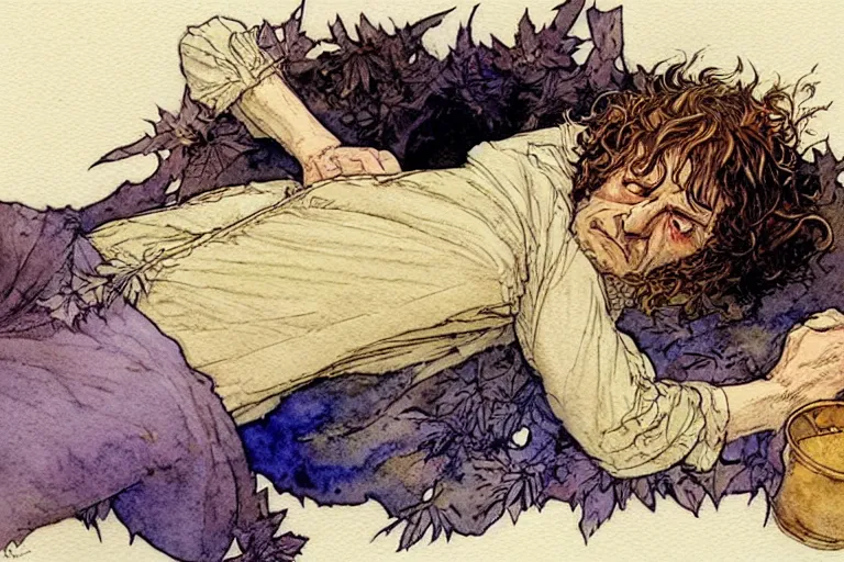 Image similar to a realistic and atmospheric watercolour fantasy character concept art portrait of bilbo baggins lying on his back freaking out with a pot leaf nearby, by rebecca guay, michael kaluta, charles vess and jean moebius giraud